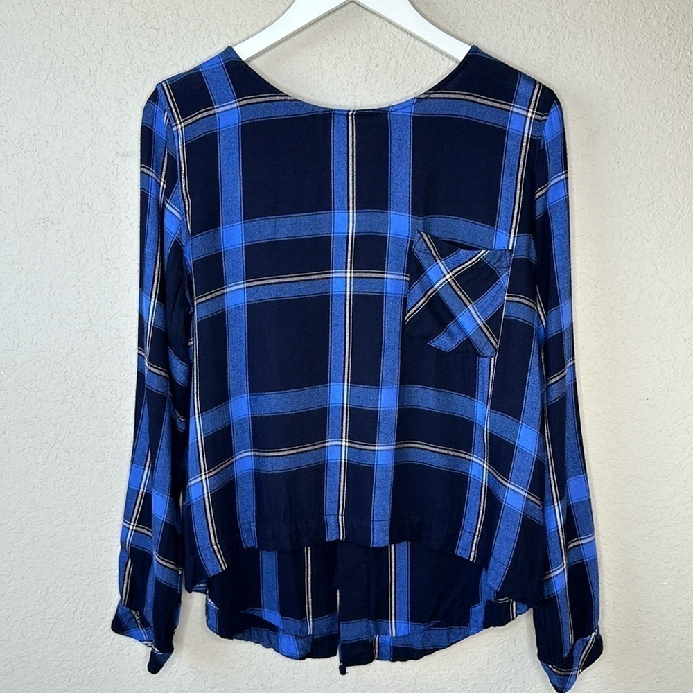 Anthropologie Cloth & Stone Blue Plaid Lace‎ Up Back Flannel Shirt Size Medium